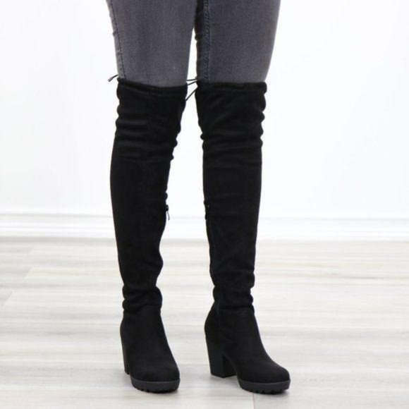 Lug Chunky Heel BlackThigh High Suede Boots - Picture 13 of 15